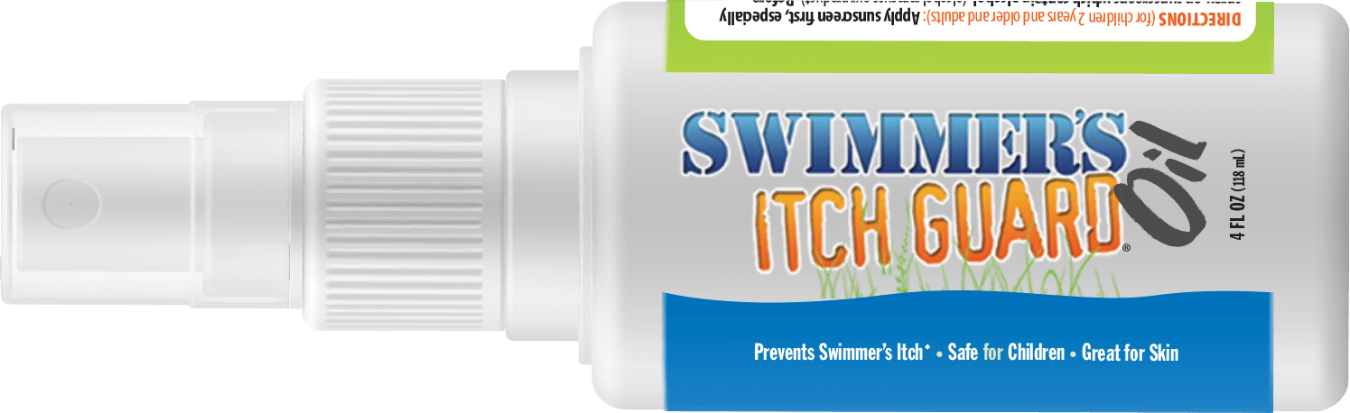 Horizontal product image of Swimmer’s Itch Guard Oil bottle with label showing benefits and spray cap